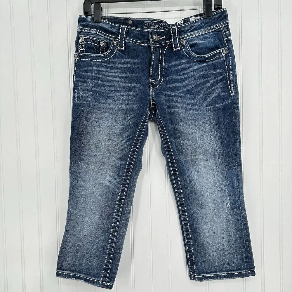Miss Me Jeans 29 Capri Embroidery Rhinestones Distress Denim Y2K Western *Flaw